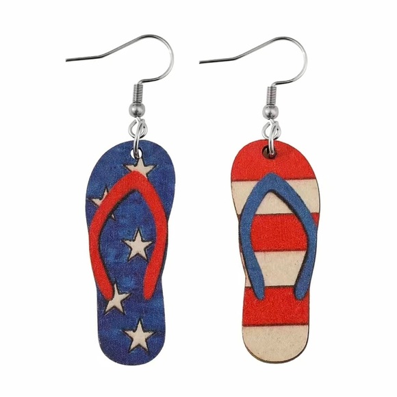 Red white and blue flip-flop earrings. Lt wt wood.  1.5 by .5”. NIP. Gifts/Self - Picture 4 of 5